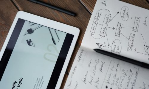 Digital and handwritten brainstorming tools on a wooden desk, ideal for business and study contexts.